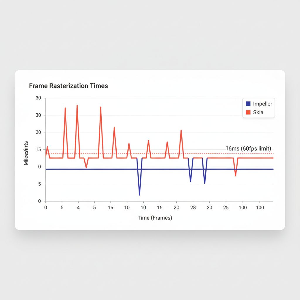 Skia vs Impeller benchmarks frame timing graph