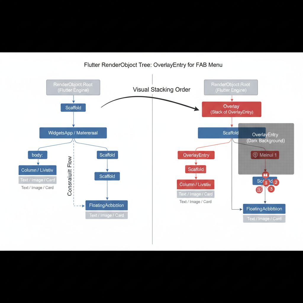 Flutter Overlay vs Scaffold FAB layout diagram Flutter Overlay vs Scaffold FAB layout diagram